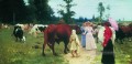 junge ladys gehen unter Herde von Kuh Ilja Repin